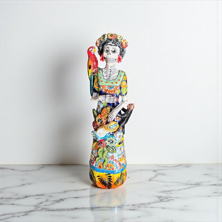 Small Handcrafted & Handpainted Mexican Talavera Frida Kahlo Inspired Catrina Skeleton Lady Figure