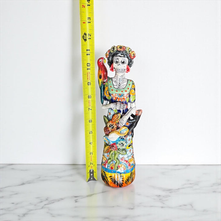 Small Handcrafted & Handpainted Mexican Talavera Frida Kahlo Inspired Catrina Skeleton Lady Figure