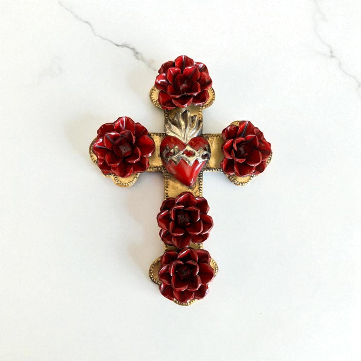 Handmade Mexican Gold & Red Tin Heart Rose Cross Wall Decor (Corazon Sagrado Inspired)