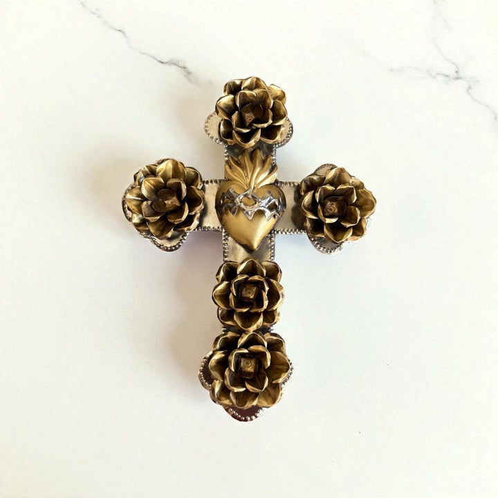 Handmade Mexican Silver & Gold Tin Heart Rose Cross Wall Decor (Corazon Sagrado Inspired)