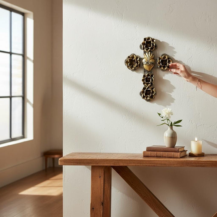 Handmade Mexican Silver & Gold Tin Heart Rose Cross Wall Decor (Corazon Sagrado Inspired)