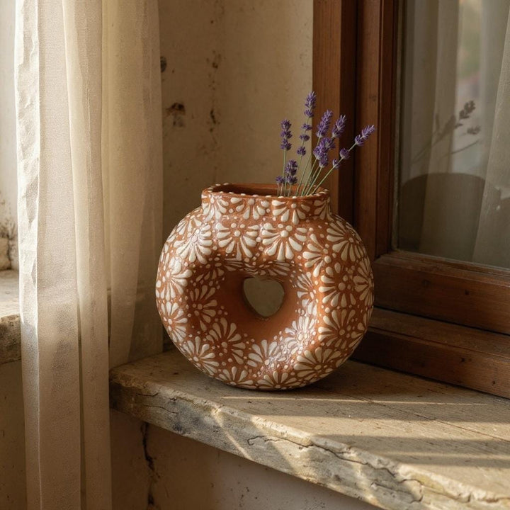 Hand Painted Mexican Talavera Brown and White Heart Donut Vase (Cielito Lindo Inspired)