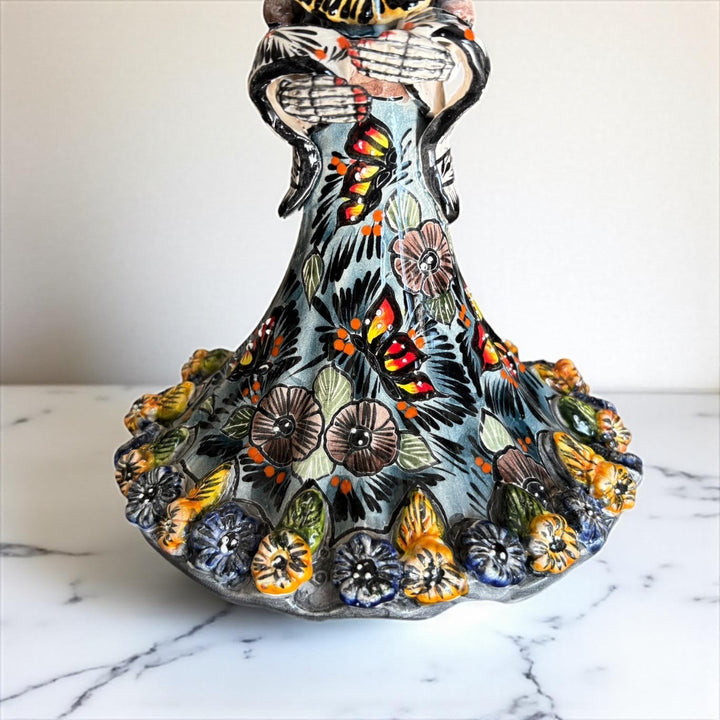 Small Handmade Talavera Catrina Figurine, Mexican Day of the Dead Skeleton Lady in Floral Ball Gown Dress