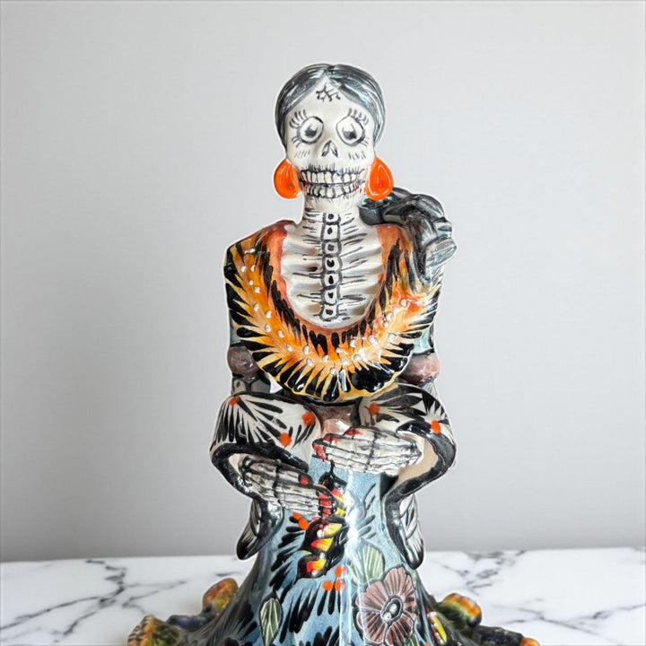 Small Handmade Talavera Catrina Figurine, Mexican Day of the Dead Skeleton Lady in Floral Ball Gown Dress