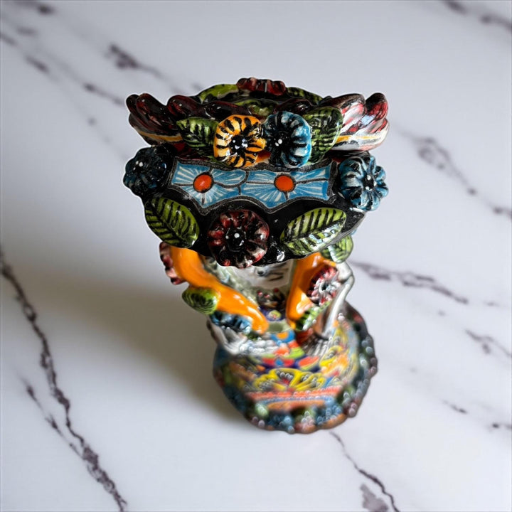 Small Handmade Talavera Catrina Figurine, Mexican Day of the Dead Skeleton Lady with Rebozo Shawl and Wide-Brim Hat