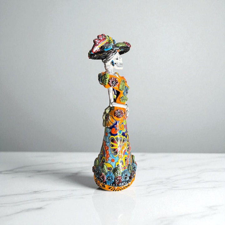Small Handmade Talavera Catrina Figurine, Mexican Day of the Dead Skeleton Lady with Rebozo Shawl and Wide-Brim Hat