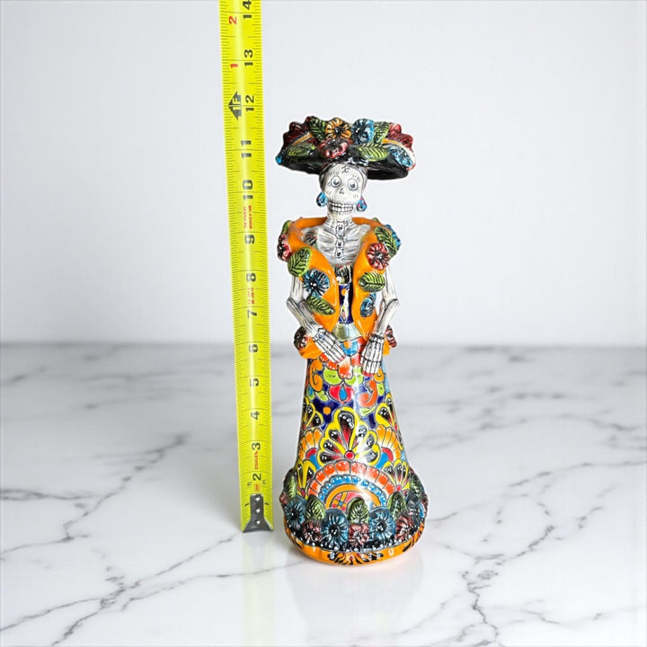 Small Handmade Talavera Catrina Figurine, Mexican Day of the Dead Skeleton Lady with Rebozo Shawl and Wide-Brim Hat
