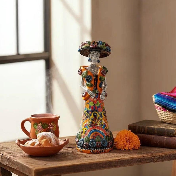 Small Handmade Talavera Catrina Figurine, Mexican Day of the Dead Skeleton Lady with Rebozo Shawl and Wide-Brim Hat