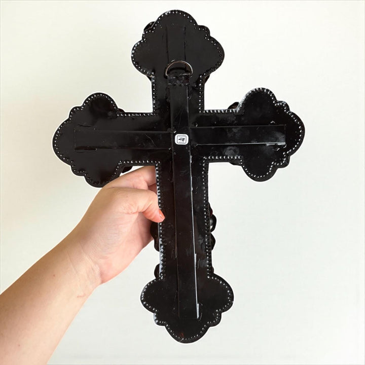 Handmade Mexican Silver & Gold Tin Heart Rose Cross Wall Decor (Corazon Sagrado Inspired)