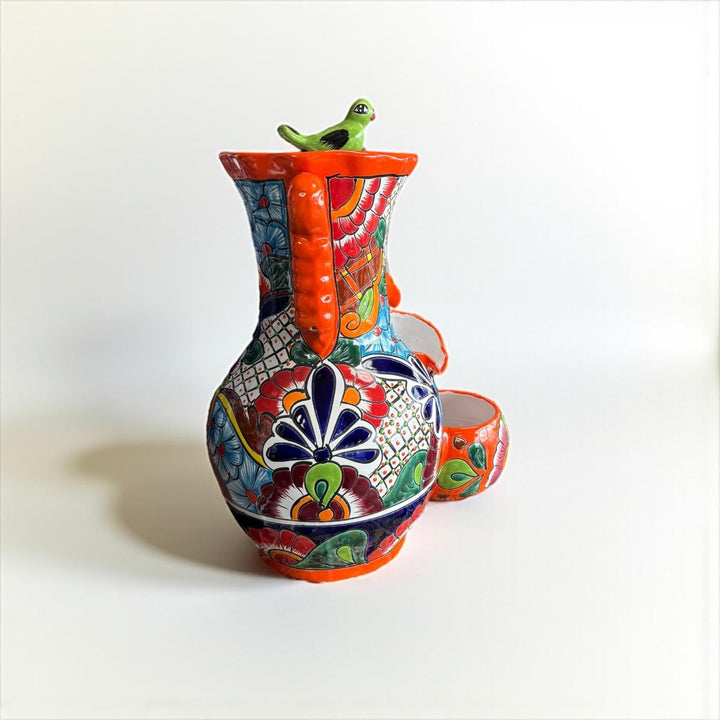 Beautiful Vibrant Hand Painted Mexican Talavera Orange Tabletop Jar Tier Water Fountain – Free Shipping (Contiguous U.S. Only)