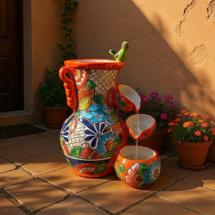 Beautiful Vibrant Hand Painted Mexican Talavera Orange Tabletop Jar Tier Water Fountain – Free Shipping (Contiguous U.S. Only)