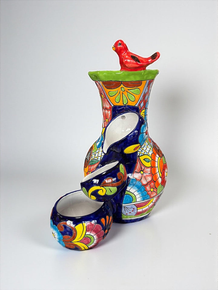 Beautiful Vibrant Hand Painted Mexican Talavera Lime and Dark Blue Tabletop Jar Tier Water Fountain – Free Shipping (Contiguous U.S. Only)