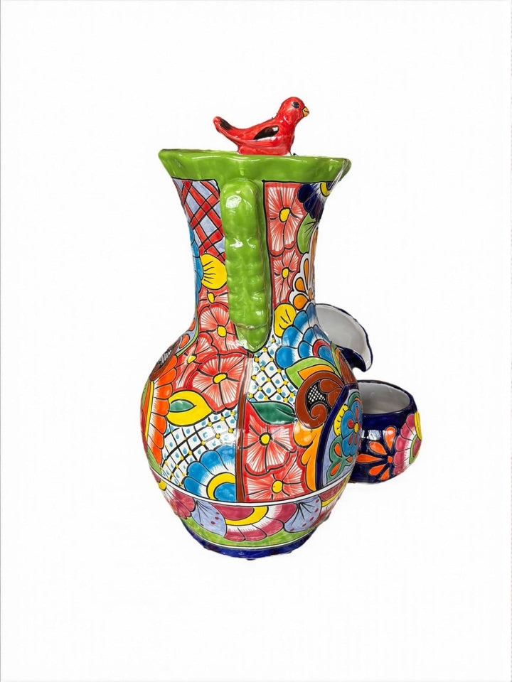 Beautiful Vibrant Hand Painted Mexican Talavera Lime and Dark Blue Tabletop Jar Tier Water Fountain – Free Shipping (Contiguous U.S. Only)