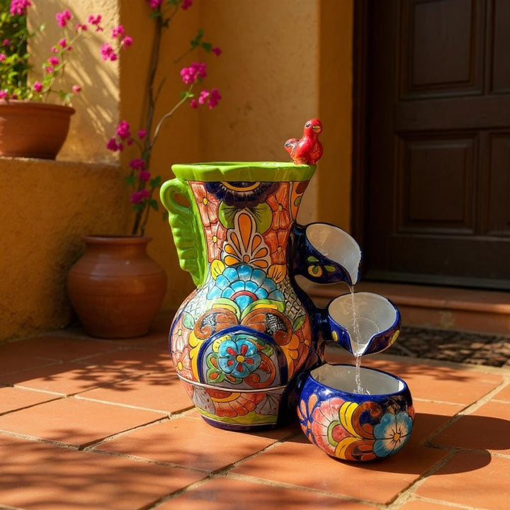 Beautiful Vibrant Hand Painted Mexican Talavera Lime and Dark Blue Tabletop Jar Tier Water Fountain – Free Shipping (Contiguous U.S. Only)