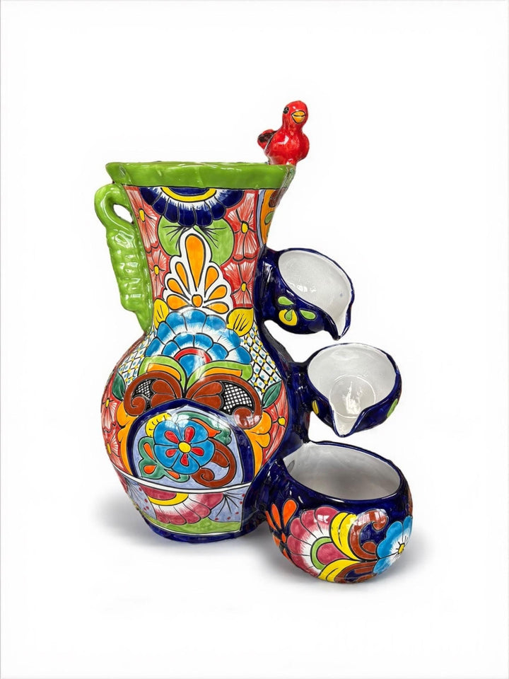 Beautiful Vibrant Hand Painted Mexican Talavera Lime and Dark Blue Tabletop Jar Tier Water Fountain – Free Shipping (Contiguous U.S. Only)