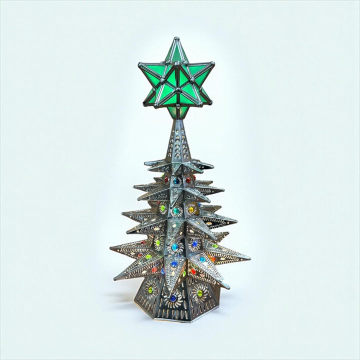Handmade Mexican Folkart Tin Light-Up Christmas Tree Luminary (Star Topper Color May Vary)
