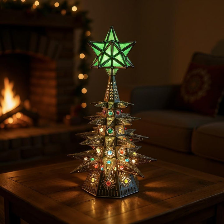 Handmade Mexican Folkart Tin Light-Up Christmas Tree Luminary (Star Topper Color May Vary)