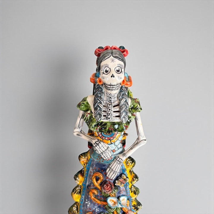 Medium Handmade Talavera Catrina Figurine, Colorful Day of the Dead Skeleton with Canary Birdcage