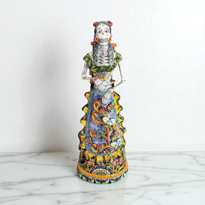 Medium Handmade Talavera Catrina Figurine, Colorful Day of the Dead Skeleton with Canary Birdcage