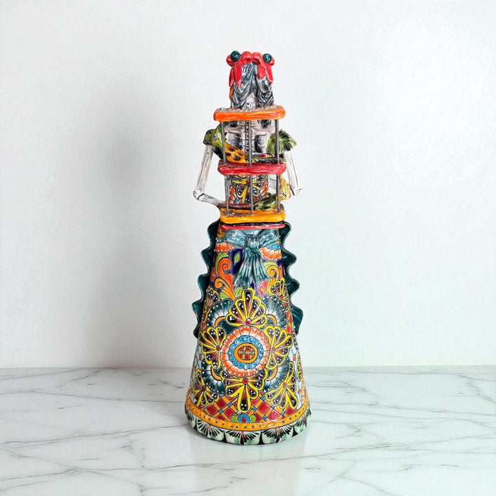 Medium Handmade Talavera Catrina Figurine, Colorful Day of the Dead Skeleton with Canary Birdcage