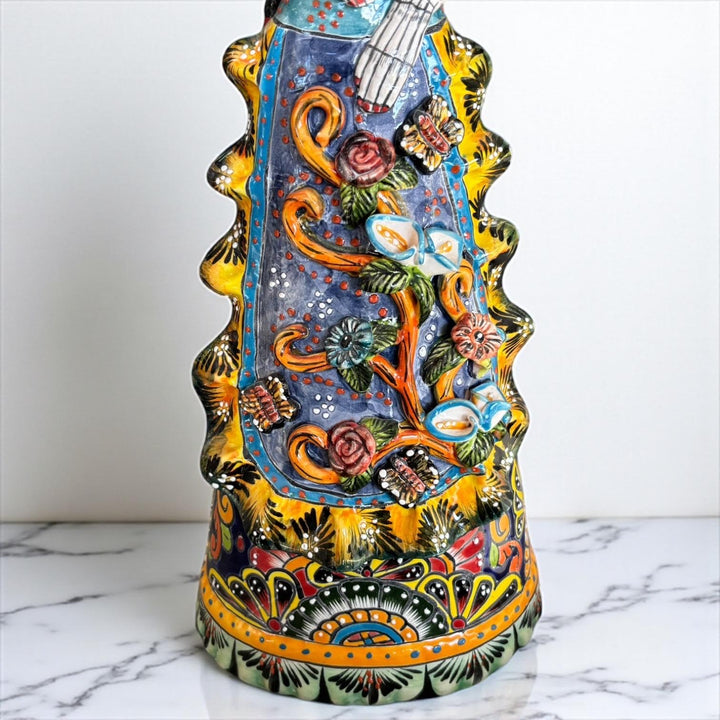 Medium Handmade Talavera Catrina Figurine, Colorful Day of the Dead Skeleton with Canary Birdcage