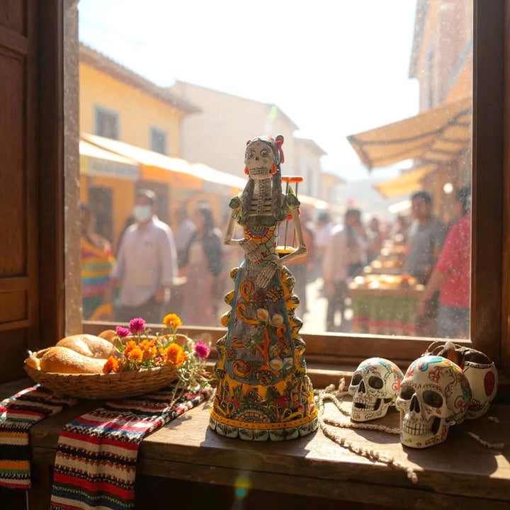 Medium Handmade Talavera Catrina Figurine, Colorful Day of the Dead Skeleton with Canary Birdcage – Free Shipping (Contiguous U.S. Only)
