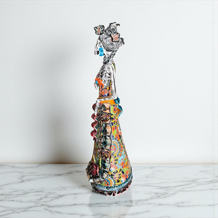 Medium Handcrafted & Handpainted Mexican Talavera Ribbons Catrina Skeleton Lady Figure – Free Shipping (Contiguous U.S. Only)