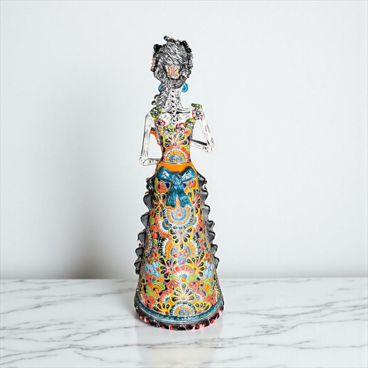 Medium Handcrafted & Handpainted Mexican Talavera Ribbons Catrina Skeleton Lady Figure – Free Shipping (Contiguous U.S. Only)