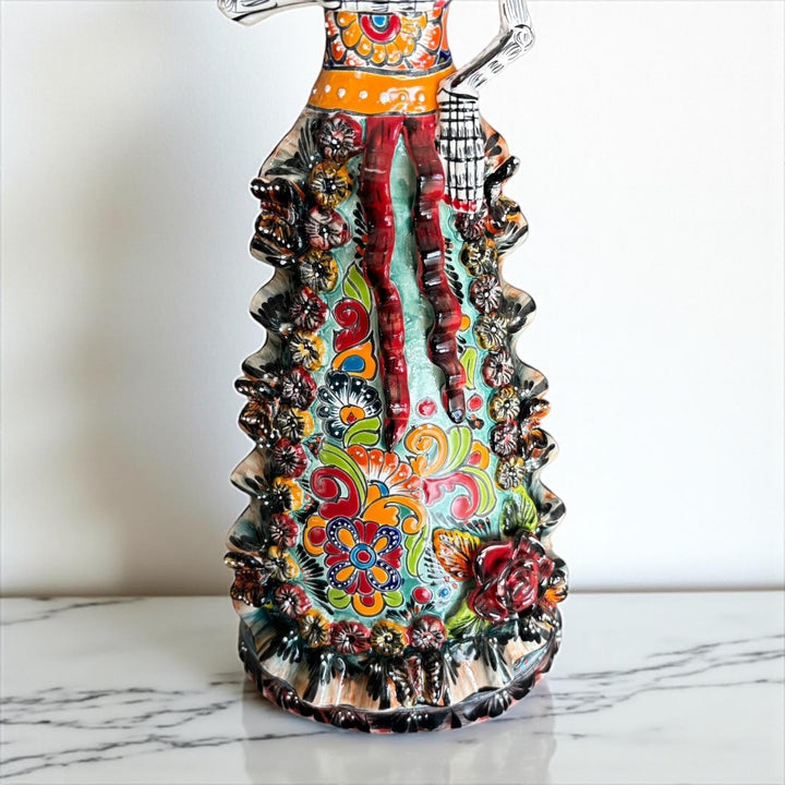 Medium Handcrafted & Handpainted Mexican Talavera Ribbons Catrina Skeleton Lady Figure – Free Shipping (Contiguous U.S. Only)