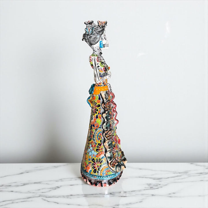 Medium Handcrafted & Handpainted Mexican Talavera Ribbons Catrina Skeleton Lady Figure – Free Shipping (Contiguous U.S. Only)