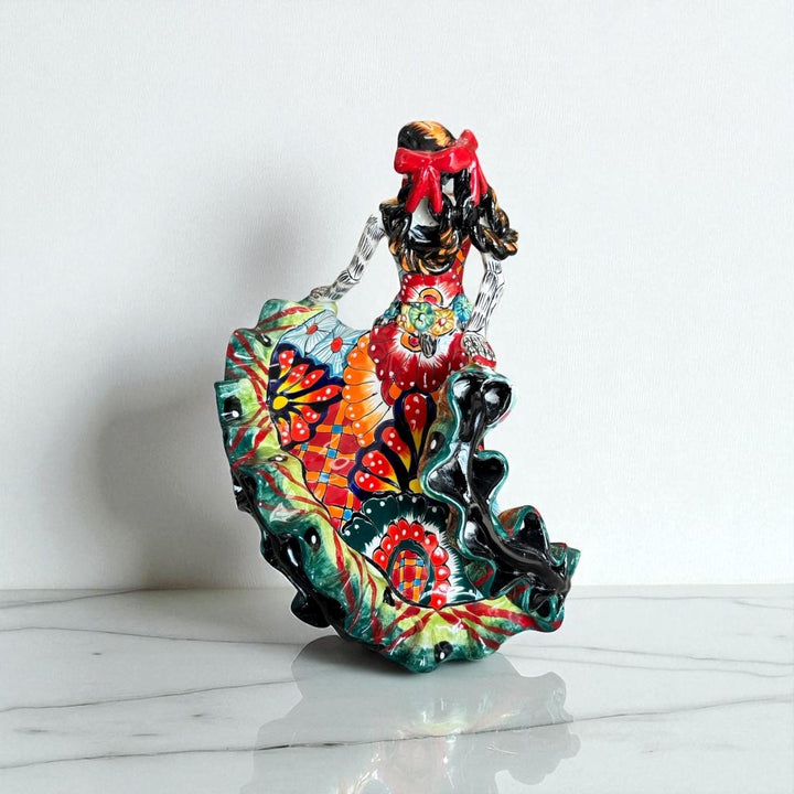 Small Handmade Talavera Catrina Figurine, Vibrant Dancing Skeleton in Folklórico Dress