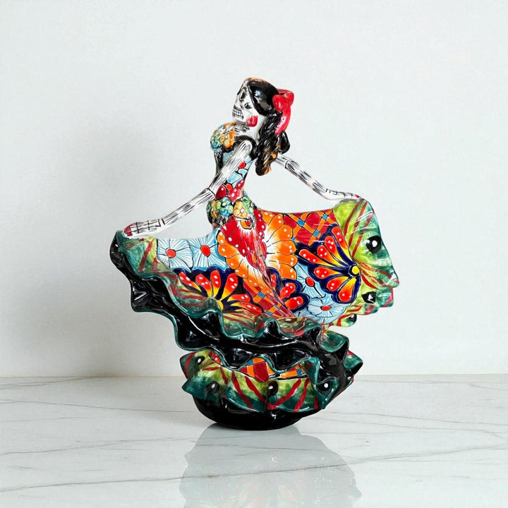 Small Handmade Talavera Catrina Figurine, Vibrant Dancing Skeleton in Folklórico Dress