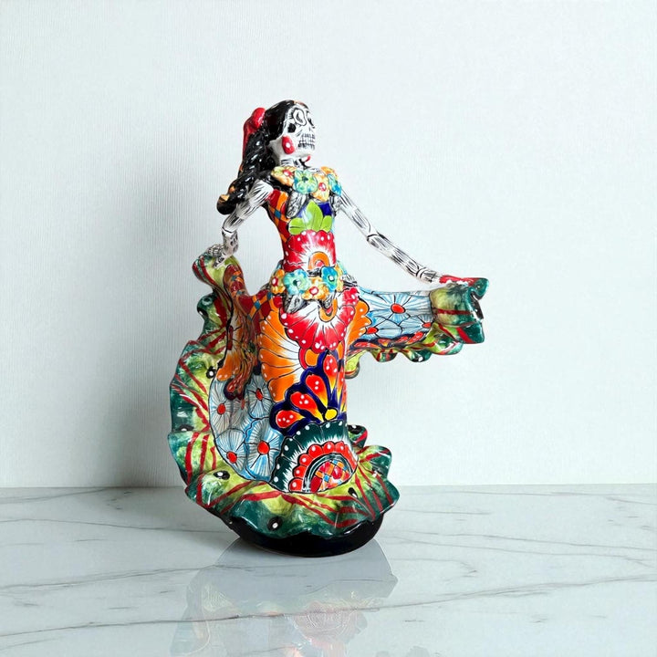 Small Handmade Talavera Catrina Figurine, Vibrant Dancing Skeleton in Folklórico Dress