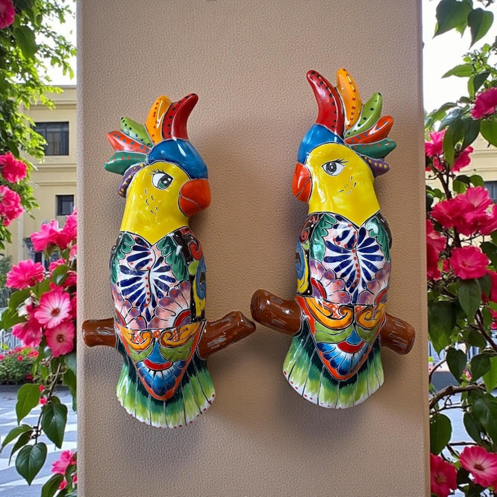 Hand Painted Talavera Love Birds Cockatoo Garden Wall Decor – Set of 2