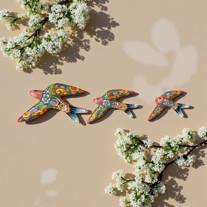 Hand Painted Talavera 3-Piece Swallow Bird Set Garden Wall Decor – Assorted Designs