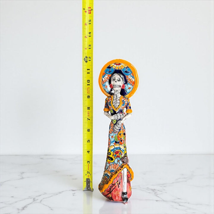 Small Handpainted Talavera Catrina Figurine, Skeleton Lady with Wide Brimmed Hat & Mermaid Dress