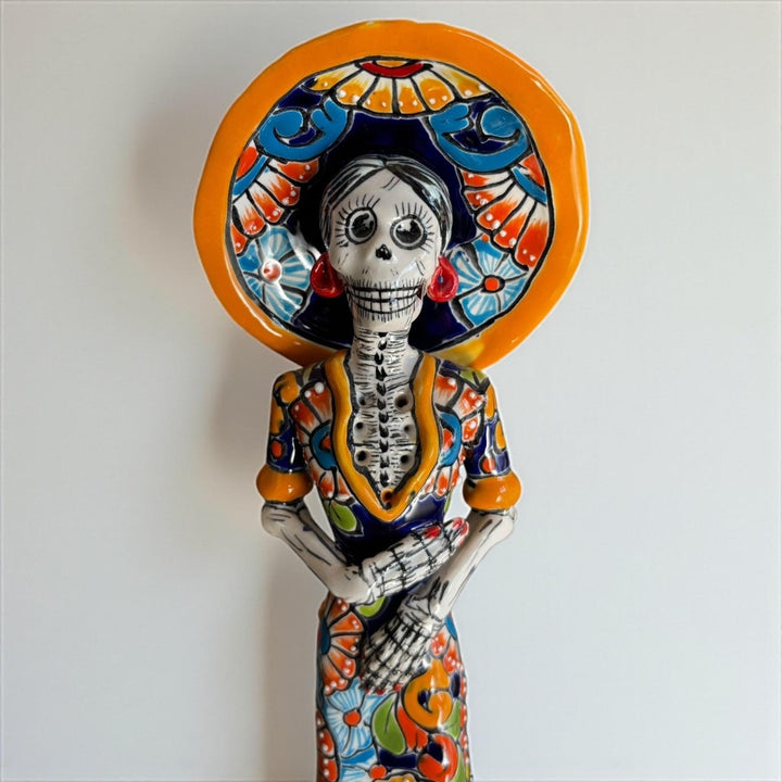 Small Handpainted Talavera Catrina Figurine, Skeleton Lady with Wide Brimmed Hat & Mermaid Dress