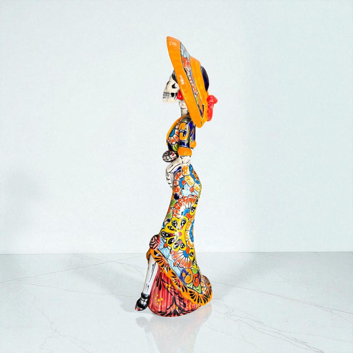 Small Handpainted Talavera Catrina Figurine, Skeleton Lady with Wide Brimmed Hat & Mermaid Dress