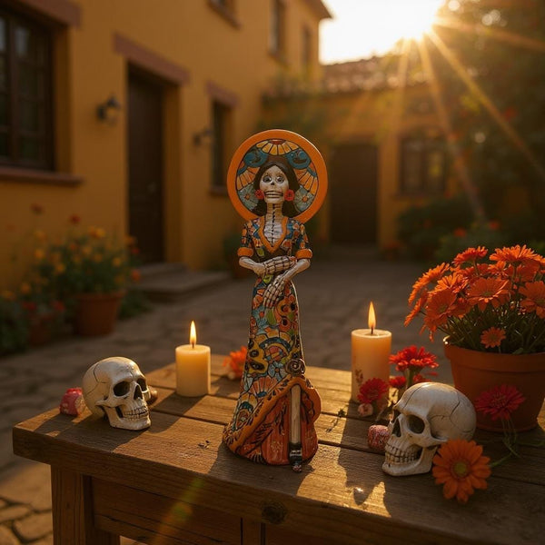 Small Handpainted Talavera Catrina Figurine, Skeleton Lady with Wide Brimmed Hat & Mermaid Dress
