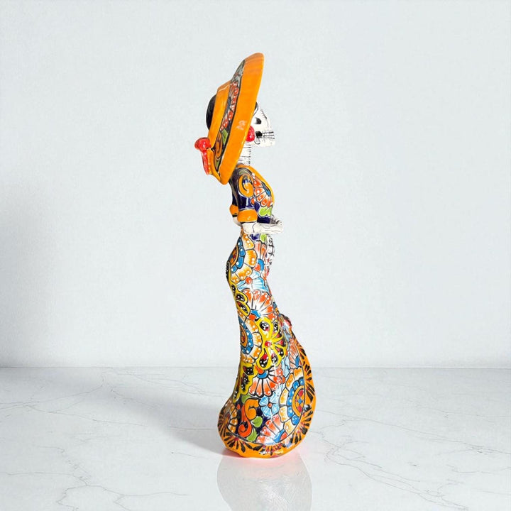 Small Handpainted Talavera Catrina Figurine, Skeleton Lady with Wide Brimmed Hat & Mermaid Dress