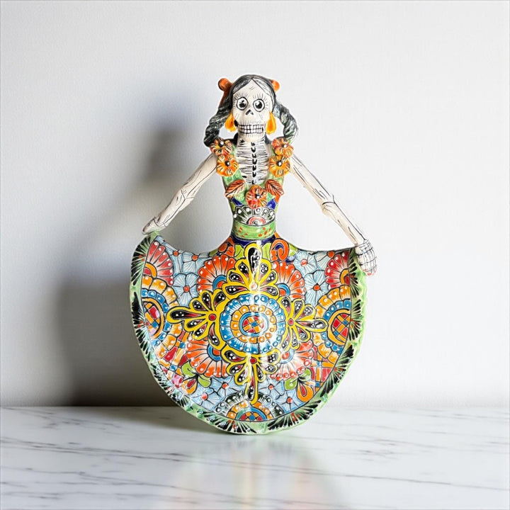 Small Handpainted Talavera Catrina Figurine, Dancing Skeleton in Folklórico Dress