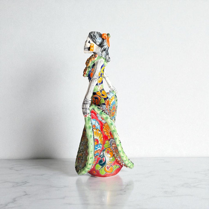 Small Handpainted Talavera Catrina Figurine, Dancing Skeleton in Folklórico Dress