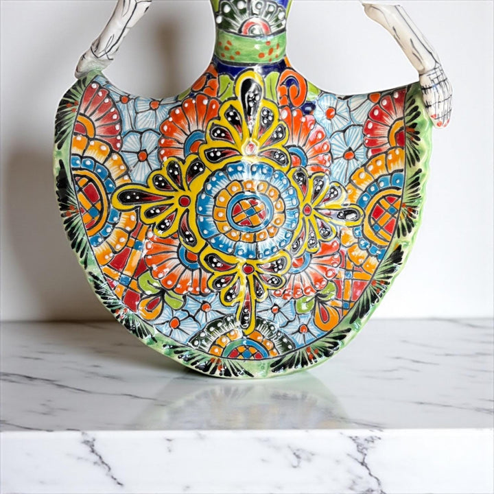 Small Handpainted Talavera Catrina Figurine, Dancing Skeleton in Folklórico Dress