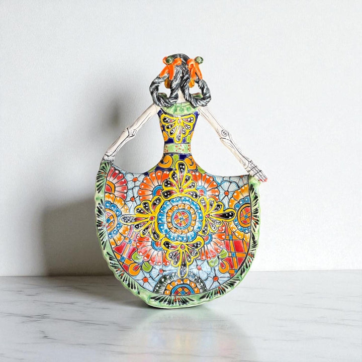 Small Handpainted Talavera Catrina Figurine, Dancing Skeleton in Folklórico Dress