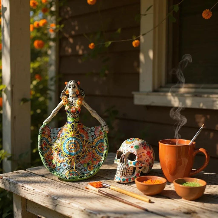 Small Handpainted Talavera Catrina Figurine, Dancing Skeleton in Folklórico Dress