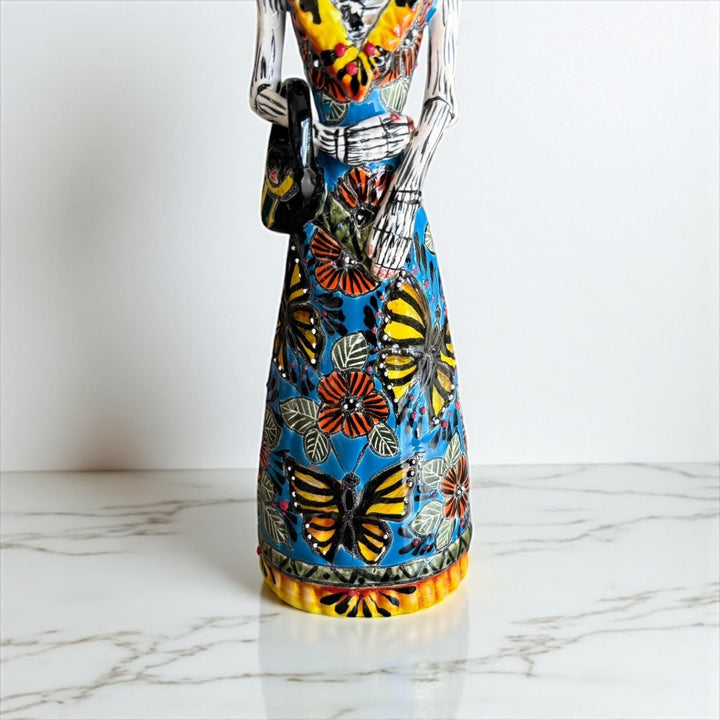 Small Handmade Talavera Elegant Catrina Skeleton Figurine in Butterfly Dress with Purse & Wide Brimmed Hat