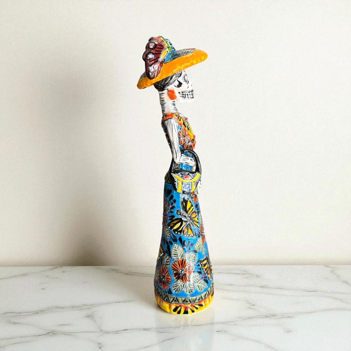 Small Handmade Talavera Elegant Catrina Skeleton Figurine in Butterfly Dress with Purse & Wide Brimmed Hat