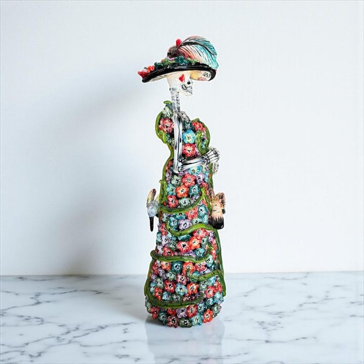 Beautiful Large Handcrafted & Handpainted Mexican Talavera Vibrant Garden Floral Hummingbird Catrina Figurine