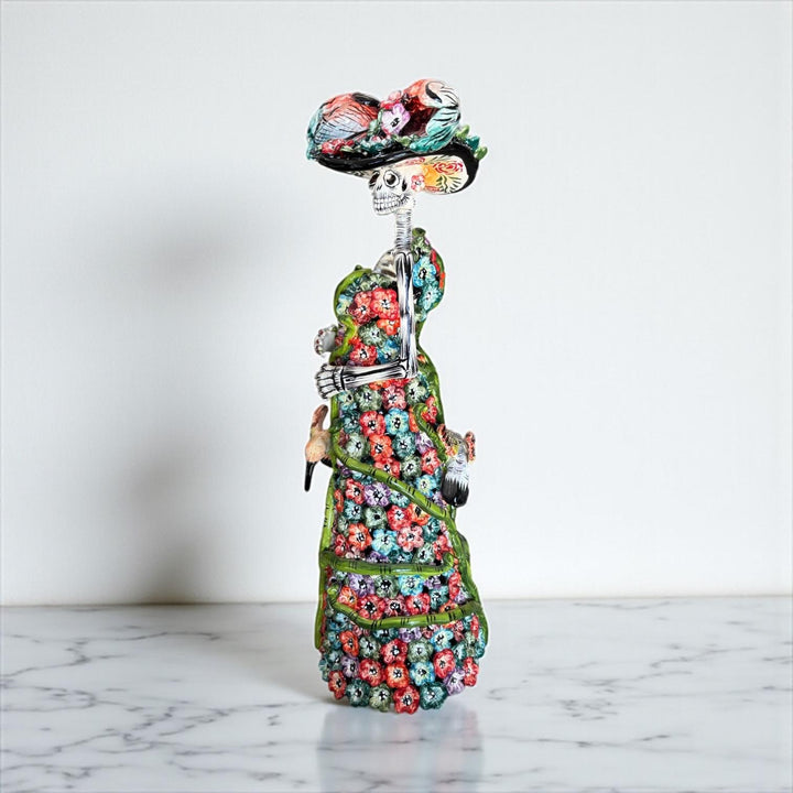 Beautiful Large Handcrafted & Handpainted Mexican Talavera Vibrant Garden Floral Hummingbird Catrina Figurine