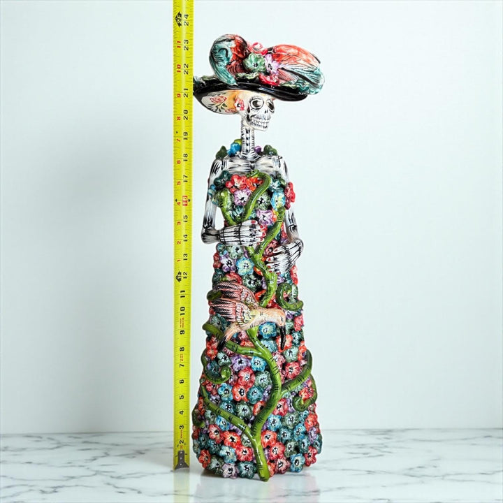 Beautiful Large Handcrafted & Handpainted Mexican Talavera Vibrant Garden Floral Hummingbird Catrina Figurine